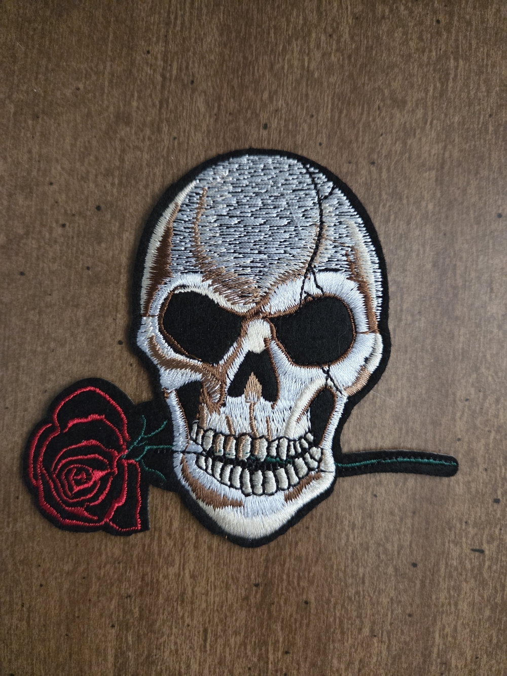 Skull with Red Rose Embroidered Patch